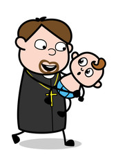 Wall Mural - Running with a Baby - Cartoon Priest Monk Vector Illustration