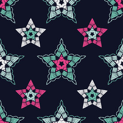 Stars. Ethnic boho seamless pattern. Lace. Embroidery on fabric. Patchwork texture. Weaving. Traditional ornament. Tribal pattern. Folk motif. Can be used for wallpaper, textile, wrapping, web.