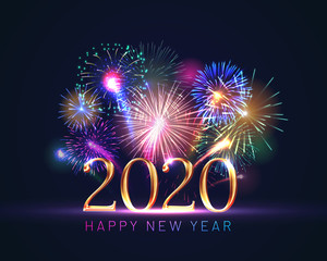 happy new year greeting card with 2020 golden numbers and fireworks series. celebratory template wit