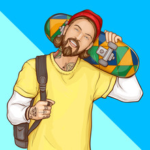 Skater Boy, Hipster Holding Skateboard, Smiling Tattooed Guy With Beard Wearing Fashioned Clothing And Shoulder Bag On Blue Background In Pop Art Retro Comic Book Style. Cartoon Vector Illustration