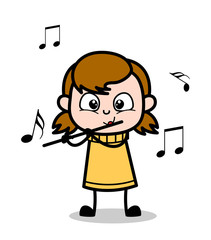 Wall Mural - Playing Flute - Retro Cartoon Girl Teen Vector Illustration