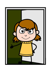 Wall Mural - Standing on Door and Asking to Come Inside - Retro Cartoon Girl Teen Vector Illustration