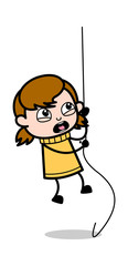 Sticker - Hanging on a Rope and Screaming Loudly - Retro Cartoon Girl Teen Vector Illustration