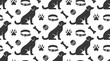 Pet shop vector seamless pattern with flat icons of sitting dog, collar, paw, toy ball and bone. Black puppy silhouette on white color background, animal wallpaper for veterinary clinic