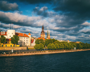 Wall Mural - Riga is the capital of Latvia, the traditional architecture of the Baltic countries. View of the old city, retro toning