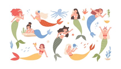 Wall Mural - Collection of cute funny mermaids isolated on white background. Bundle of adorable fairytale or mythological sea creatures. Set of underwater princesses. Flat cartoon colorful vector illustration.