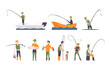 © topvectors - Flat vector set of fishing people with fish and equipment. Fishermen in boats with fishing rods. Outdoor activity