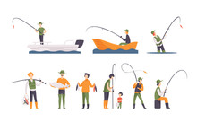 Flat Vector Set Of Fishing People With Fish And Equipment. Fishermen In Boats With Fishing Rods. Outdoor Activity