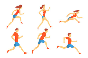 Wall Mural - Flat vector set of people in running action. Professional athletes. Runners in sportswear. Active and healthy lifestyle