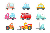 Fototapeta Pokój dzieciecy - Flat vector set of different types of vehicles. Semi trailer, tractors, lorry, truck with tank. Transport or car theme. Heavy machinery