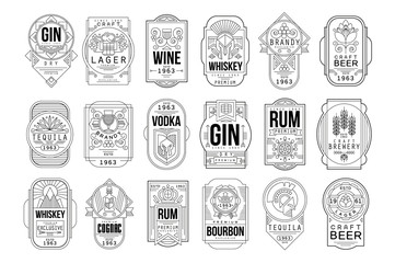 alcohol labels set, retro alcohol industry monochrome emblem vector illustration on a white backgrou