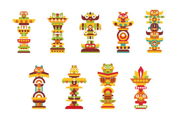 Wall Mural - Religious totem set, colorful native cultural tribal symbols vector Illustrations on a white background