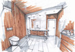 handmade sketch of a Luxury modern bathroom, sink with mirror, watercloset in tiled bathroom in grey and brown colors