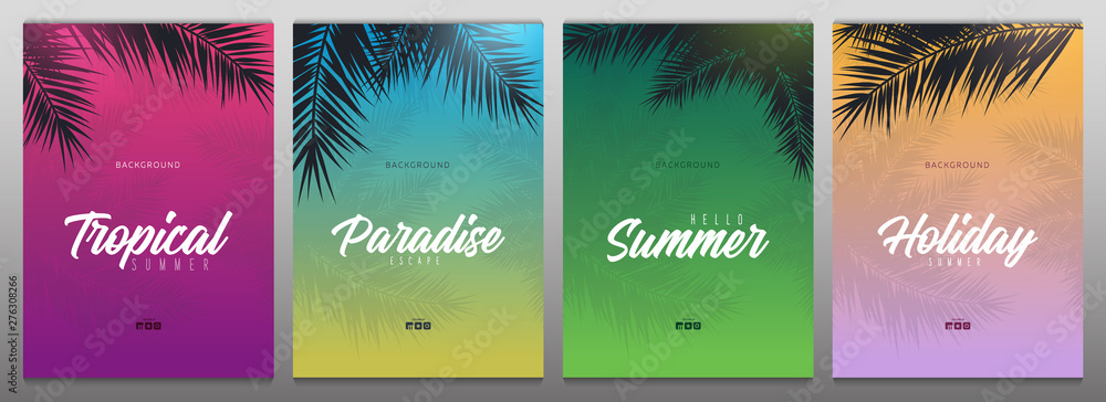 Set of Summer Tropical palm leaves. Exotic palms tree. Floral Backgrounds. - obrazy, fototapety, plakaty 