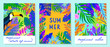 © Xenia Artwork  - Set of summer vector illustrations with tropical leaves,flowers and toucan.Multicolor plants with hand drawn texture.Exotic backgrounds perfect for prints,flyers,banners,invitations,social media