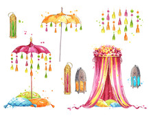 Set Of Objects For A Mehndi Party, Watercolor Painting