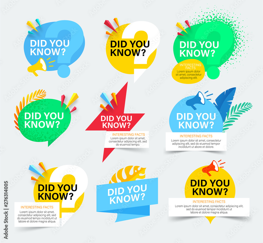 Set of colorful badges with did you know question. Isolated on white background. Did you know banner with megaphone and tropical leaves. - obrazy, fototapety, plakaty 