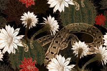 Seamless Pattern. Blooming Cacti And Snakes.