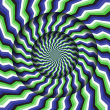 Abstract Round Frame With A Rotating Green Blue Stripes Pattern. Optical Illusion Hypnotic Background.