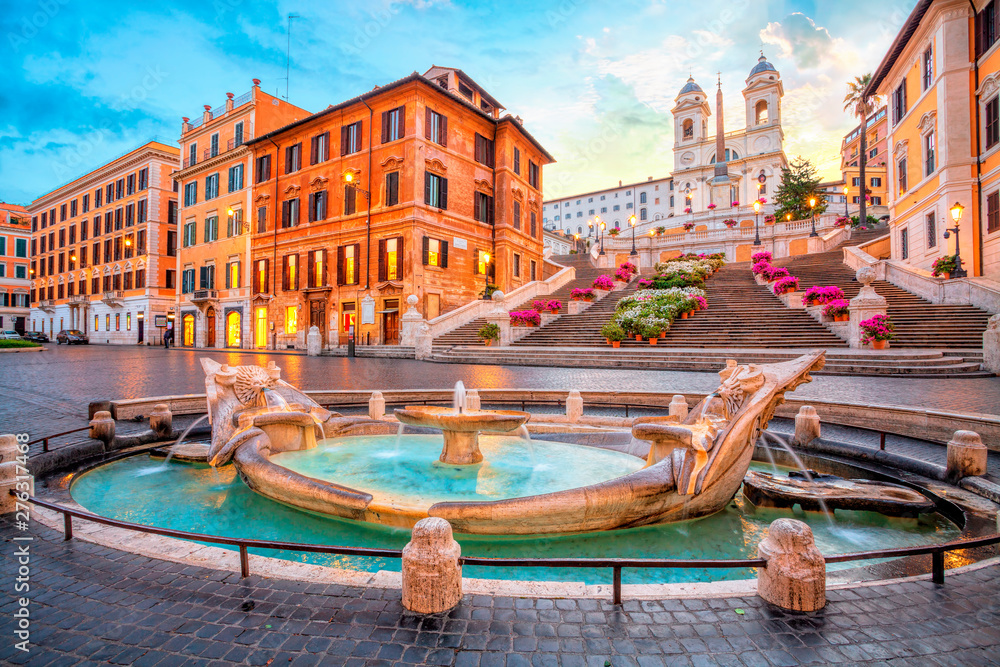 Piazza de Spagna in Rome, italy. Spanish steps in the morning. Rome architecture and landmark. - obrazy, fototapety, plakaty 