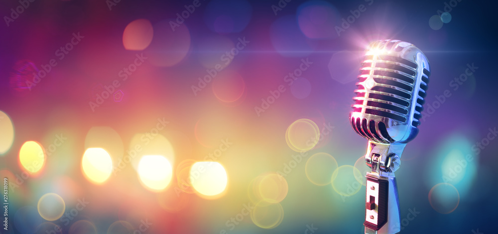 Retro Microphone On Stage With Bokeh Light - obrazy, fototapety, plakaty 