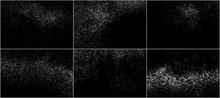 Set Of White Grainy Texture Isolated On Black Background. Dust Overlay Texture. Noise Particles. Snow Effects Pack. Digitally Generated Image. Vector Illustration, EPS 10.