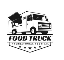Vector Logo In Monochrome Style. Black And White Illustration On The Theme Of Private Business. Family Business. Food Truck. Fast Food, A Car With Food. Vegetable Groceries. Image For Logo, Emblem.