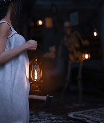 Wall Mural - Woman carrying an axe and lantern in the dark exploring a haunted house,3d rendering