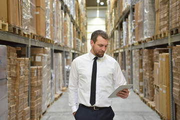 Wall Mural - portrait friendly businessman/ manager in suit working in the warehouse of a company - control of inventories