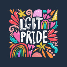 Lgbt Love Pride Text, Lettering Doodles In Bright Rainbow Colors. Hippie Vintage Doodle Style. Vector.