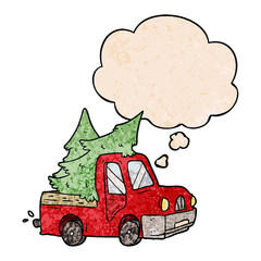 cartoon pickup truck carrying trees and thought bubble in grunge texture pattern style