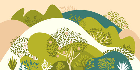 Hilly landscape with trees, bushes and plants. Growing plants and gardening. Protection and preservation of the environment. Earth Day. Vector illustration.