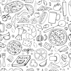 Vector background with breakfast, lunch, coffee, pizza, snacks. Useful for packaging, menu design and interior decoration. Hand drawn doodles.  Seamless pattern of food elements on white background.