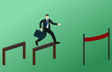 Wall Mural - Businessman running and jump over obstacles to finish line , success goal concept