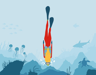 Scuba Diver. Underwater world. Girl dive on a coral reef. Underwater swiming. Summer vacation, sport active holidays. Diver Swimming in The Sea. Underwater landscape with fish, corals and algae.