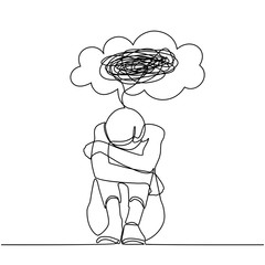 Poster - Continuous line drawings of young woman feeling sad, tired and worried about suffering from depression in mental health. problems, failures and concepts of heartbreak isolated on white background