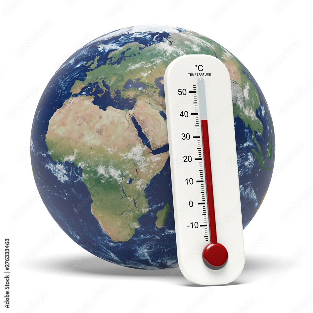 Terre et thermomètre, réchauffement climatique - obrazy, fototapety, plakaty 