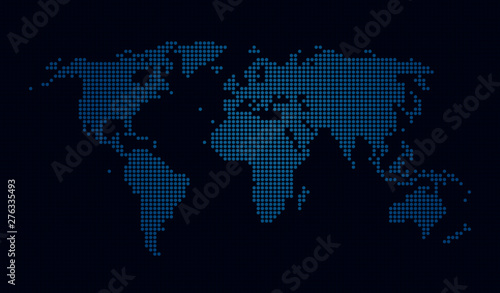 Dotted world map template for brochures or web design. The dots are lighting as led lamps on dark blue background © zozzzzo
