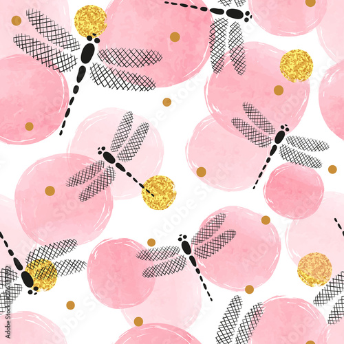 Abstract pink circles pattern with dragonflies.