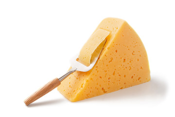 Dutch cheese with typical slicer isolated over white