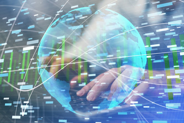 Aufkleber - Double exposure of businessman working on laptop on background. International business hologram in front. Concept of success.