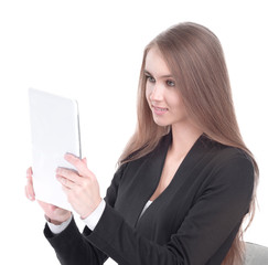 Wall Mural - business woman sitting on chair working with a tablet