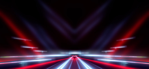 Wall Mural - Abstract light tunnel. Night view of the road in the tunnel. Abstract lines and rays of neon light. Movement speed, reflection. Night scene with neon spotlights.