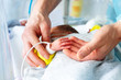 Fathers hand close-up with sick newborn child