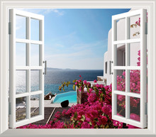 Beautiful View Of Sea From The Window. 3d Wallpaper, Window With Flowers