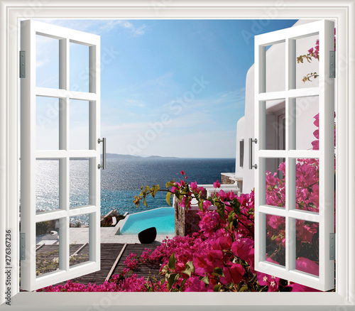 Fototapeta okno  piekny-widok-na-morze-z-okna-tapeta-3d-okno-z-kwiatami