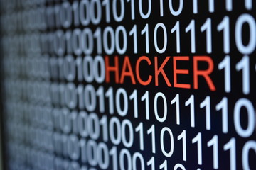the binary code number background with hacker word in red color