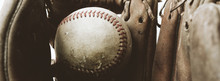 Baseball Banner Shows Old Rugged Ball In Mitt Close Up For Sport Gear.