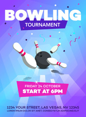 Modern bowling tournament poster invitation template with scattered skittles and bowling ball.