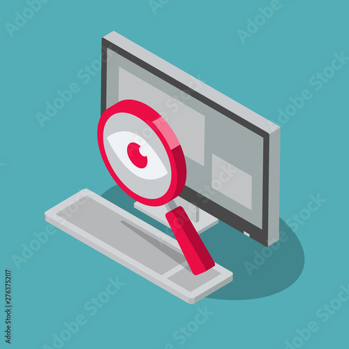 Cuadros en Lienzo Spyware internet cyber attack symbol with spy magnifier and desktop computer, isolated on blue background